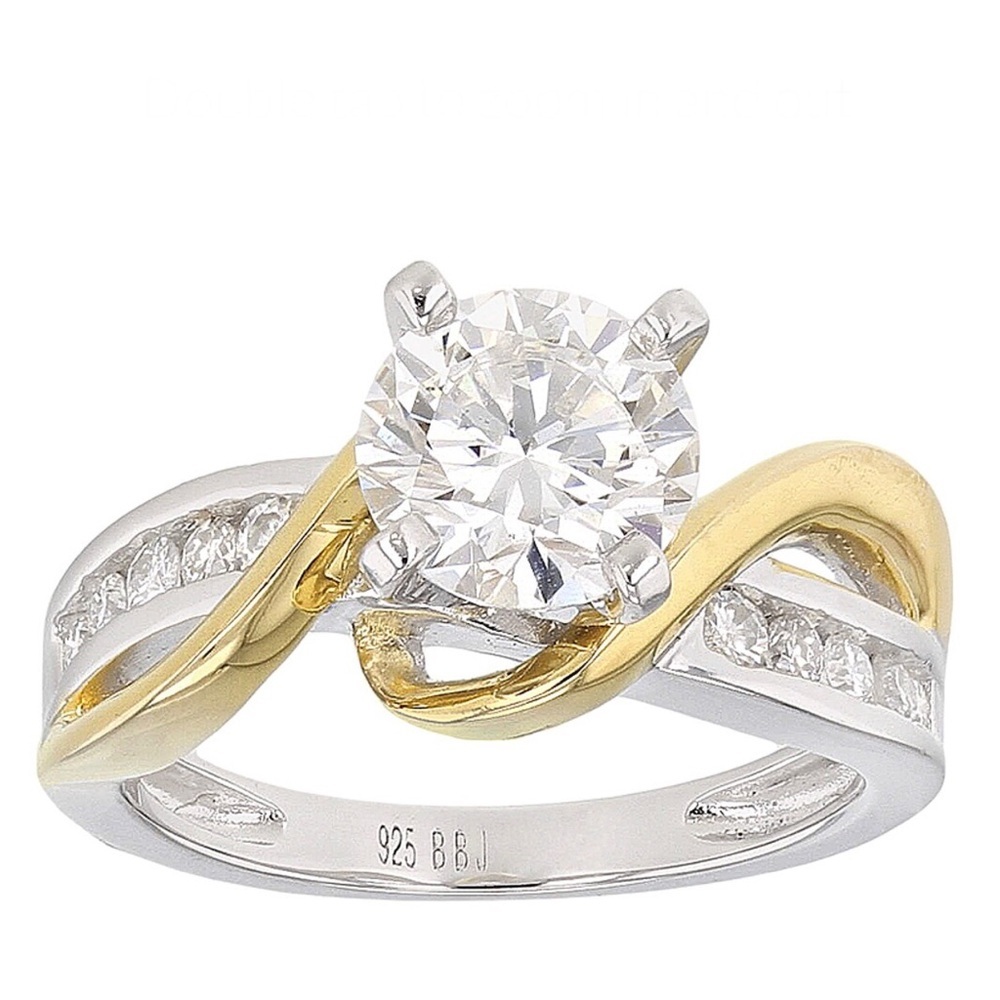 Moissanite Fire Ring Two Tone Crossover 14K Yellow Gold Over 925 Silver Size 7